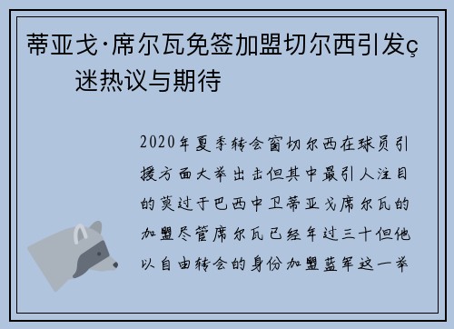 蒂亚戈·席尔瓦免签加盟切尔西引发球迷热议与期待