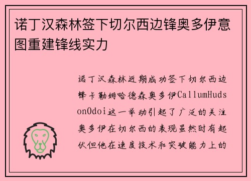 诺丁汉森林签下切尔西边锋奥多伊意图重建锋线实力 诺丁汉森林签下切尔西边锋奥多伊意图重建锋线实力