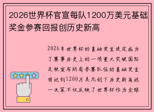 2026世界杯官宣每队1200万美元基础奖金参赛回报创历史新高 2026世界杯官宣每队1200万美元基础奖金参赛回报创历史新高